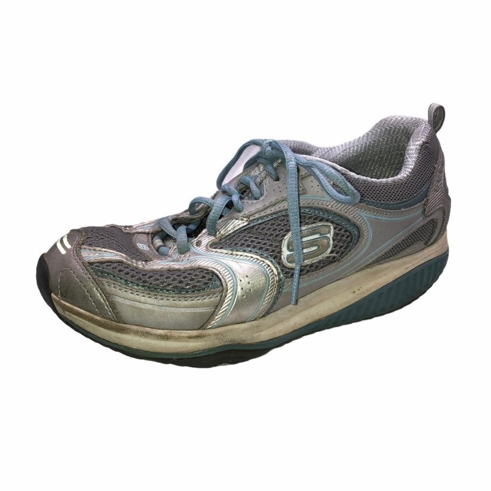 Skechers Shape Ups Womens Size 6.5 Silver Blue Lace Up Toning Sneakers Shoes